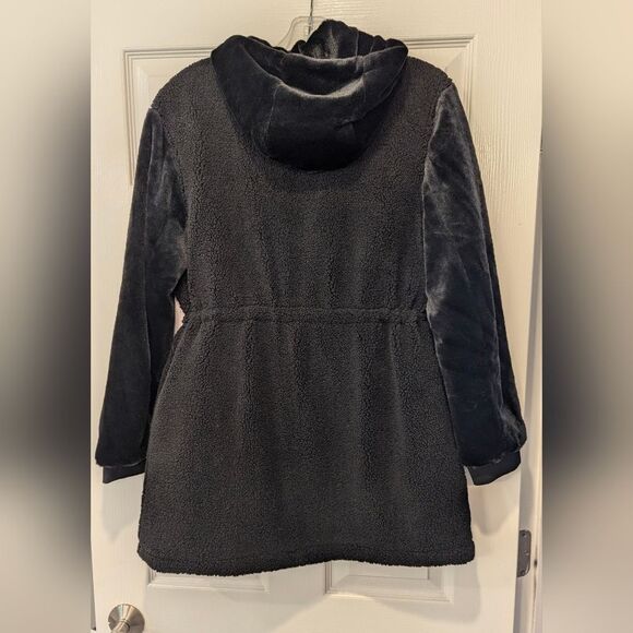 New Eden Society Womens Black sherpa Jacket Coat snap button Pockets Hooded sz S - Picture 10 of 12